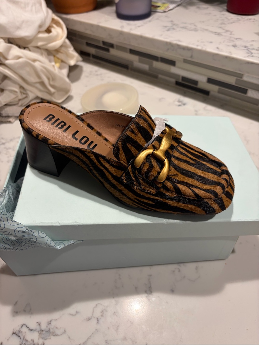 Bibi Lou Tiger-Print Slip-On Mule with Gold Chain Accent
